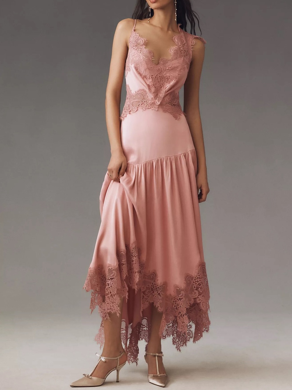 Anthropologie BHLDN Evelyn Lace V-Neck High-Low Midi Dress Size M